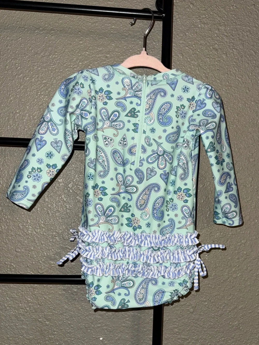 Ruffle Butts Mint Paisley Long Sleeve Baby Swimsuit